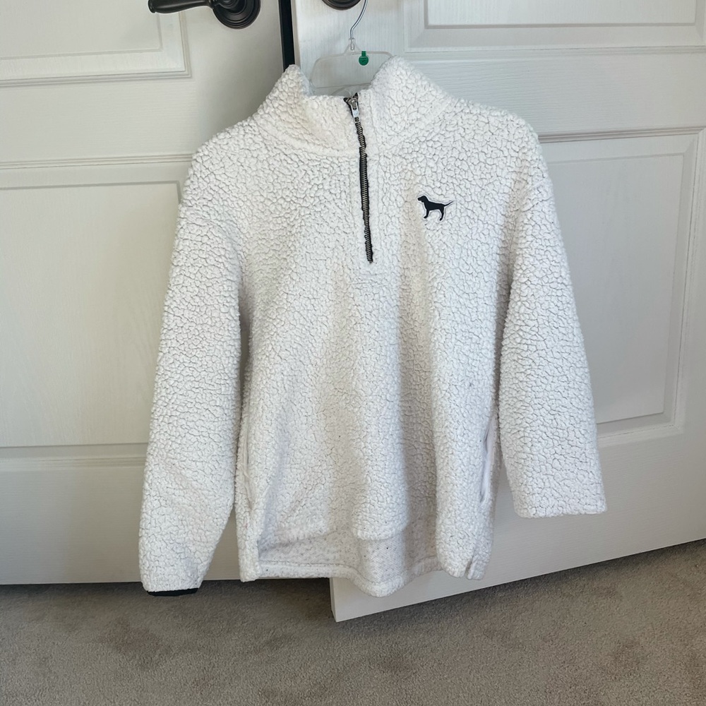 vs pink white sherpa quarterzip